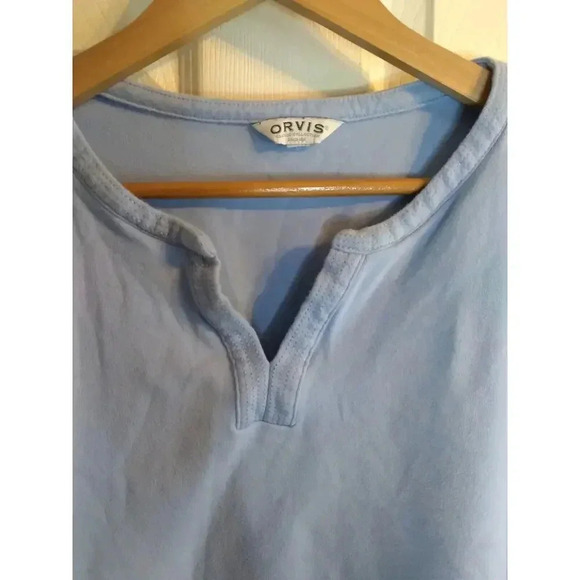 Orvis Top Women's Blue V Neck Quarter Sleeve Sz L Pit To Pit 24 Length 26 Pima - Picture 2 of 9